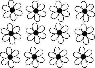 Minimalist black and white line art illustration of twelve daisy flower icons arranged in a repeating grid pattern for creative craft projects