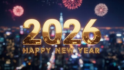 New Year 2026 celebration with large golden numbers over blurred night city skyline and fireworks