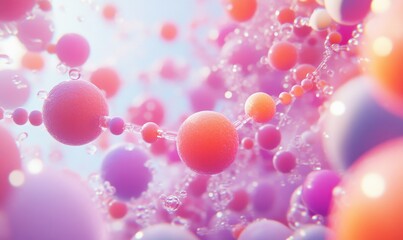 Molecular structure composed of colorful sugar-like spheres, floating in a futuristic space with soft lighting and gradients.