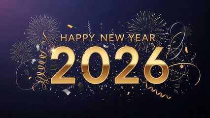 Elegant Happy New Year 2026 banner with golden numerals and swirling ribbons on dark backdrop