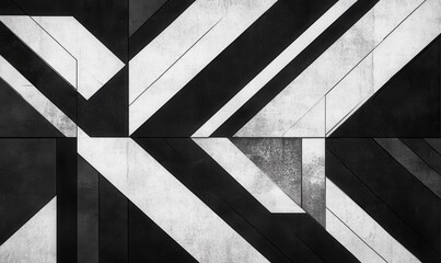 Monochrome abstract pattern of geometric shapes with sharp lines and textures in contrasting black and white tones.