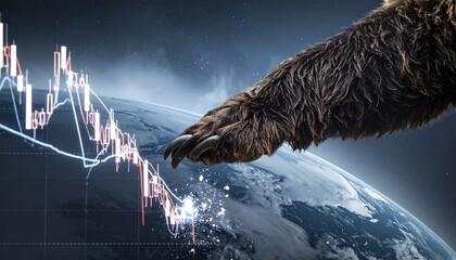 Global Market Bear: A visual metaphor where a bear's paw ominously touches the globe, symbolizing the impact of bearish trends on global markets and economies. 