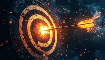 Bullseye Brilliance: A flaming arrow strikes dead center on a target, with sparks illuminating the achievement and precision. Illustrating the relentless pursuit of goals. 