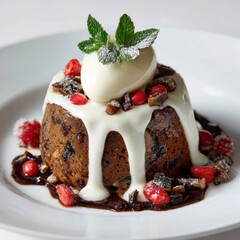 Delicious Christmas pudding with ice cream and berries, a festive dessert treat