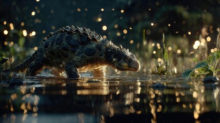 Massive Prehistoric Beast Emerging from a Lush River Environment
