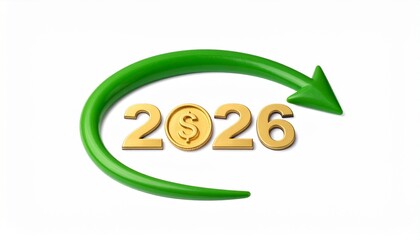 Future Financial Outlook: A symbolic representation of financial growth and progress, showcasing the year 2026 enclosed by a dynamic green arrow, suggesting a journey of economic advancement.