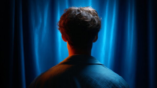 A man stands facing away from the viewer in front of a blue backdrop