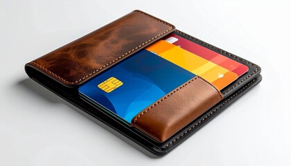 Modern Wallet with Payment Card: A sleek, modern wallet showcases a colorful payment card, embodying financial transactions and personal finance.