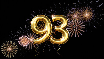 Gold balloon number 93 with fireworks in the background. Festive scene for birthday or anniversary party