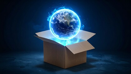 Global Revelation: A glowing, ethereal Earth floats above an open cardboard box, symbolizing a revelation of global interconnectedness, technology, and ecological awareness. 