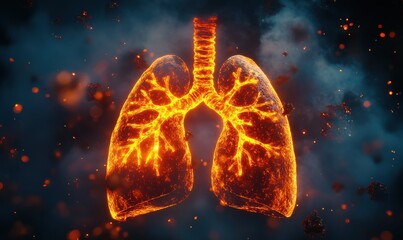 Pair of lungs glowing with fiery orange light, surrounded by particles, representing the impact of environmental pollutants on health.