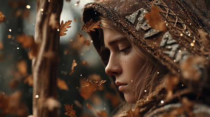 Depiction of a Slavic Pagan woman in traditional attire surrounded by falling leaves, evoking a sense of ancient culture and spirituality in a natural setting