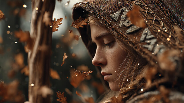 Depiction of a Slavic Pagan woman in traditional attire surrounded by falling leaves, evoking a sense of ancient culture and spirituality in a natural setting