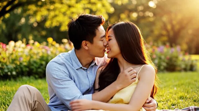 An affectionate couple sharing a kiss while seated on green grass surrounded by colorful flowers and sunlit trees in the background