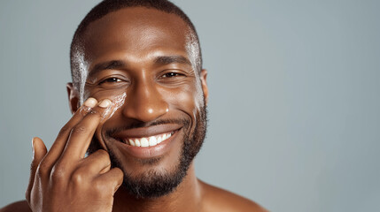 Smiling African American Man Applying Face Cream Under Eye, Skincare Routine, Moisturizing Treatment, Healthy Glowing Skin, Male Self Care Concept