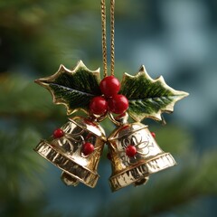 Golden Christmas bells with holly and red berries hanging on a festive tree