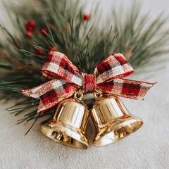 Golden Christmas bells with plaid ribbon and pine needles, festive holiday decoration