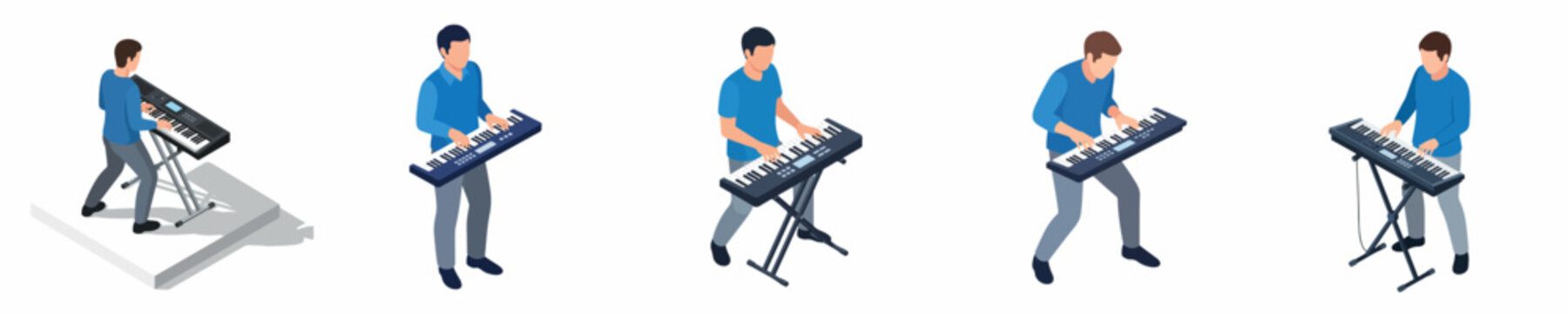 Isometric Character Playing Electronic Keyboard Isolated on White Background Illustration Set