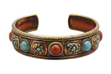 Antique Tibetan brass cuff bracelet with intricate turquoise and red stone on transparent background