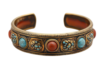 Antique Tibetan brass cuff bracelet with intricate turquoise and red stone on transparent background