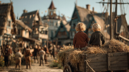 Children enjoying village life while sitting on a hay cart during a folk festival in a Slavic village with traditional architecture and lively activities