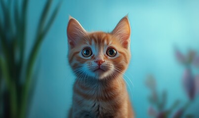 Playful orange kitten sitting against a soft blue background, its curious eyes glowing under gentle lighting for an adorable pet portrait,