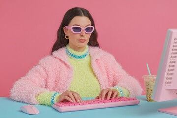 Stylish woman with fluffy pink jacket and sunglasses is using a vibrant pink keyboard at a colorful tech setup, showcasing a playful and trendy workspace atmosphere