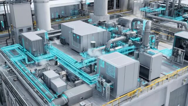 Medium shot of digital twin technology monitoring HVAC systems in a commercial space emphasizing predictive maintenance and system optimization.