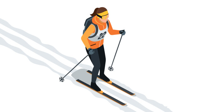 Isometric winter sports scene with cross-country skier in motion on snowy trail