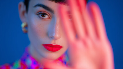 Portrait of a woman with striking red lips and colorful attire, dramatically blocking the camera with her hand, creating a bold and expressive visual statement