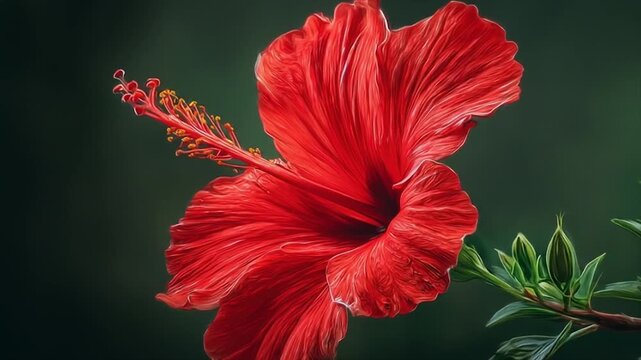 Close up of vibrant red hibiscus flower with green leaves and buds