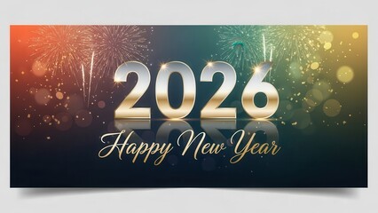 Colorful bokeh 2026 happy new year banner with 3d golden numbers and reflections