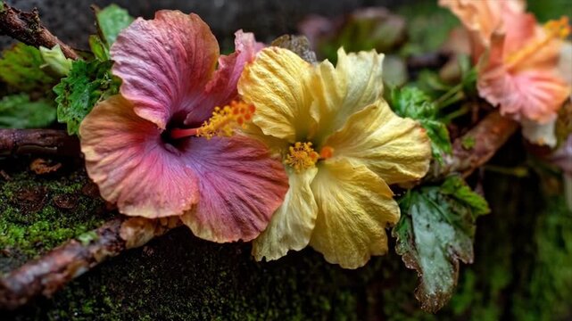 Close up of vibrant hibiscus blossoms against a natural background