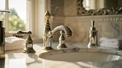 Luxurious bathroom sink with ornate faucet and bright natural light streaming through the window