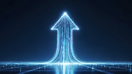 Glowing blue arrow made of tiny dots pointing upwards on dark background
