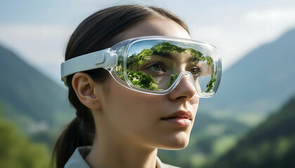 Vision of the future as a young woman wears AR smart glasses reflecting a lush green forest garden against a mountain backdrop. Futuristic cinematic portrait.