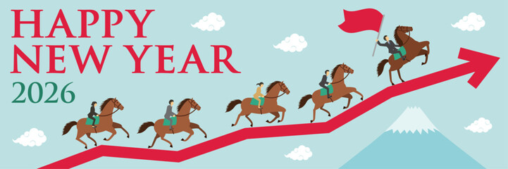 午年をイメージした矢印と富士山とビジネスマンが乗った馬が走るイラストの横長の年賀状_男性リーダー_happy new year
