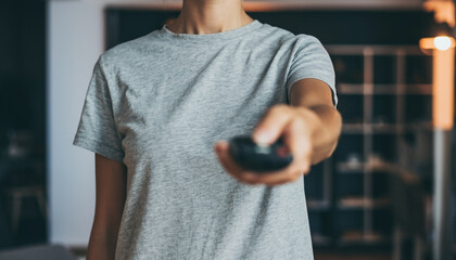 Woman Holding TV Remote Control in Living Room