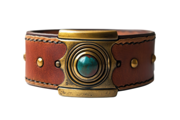 Handmade rustic leather bracelet with antique brass focal and genuine on transparent background