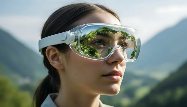 Vision of the future as a young woman wears AR smart glasses reflecting a lush green forest garden against a mountain backdrop. Futuristic cinematic portrait. - Powered by Adobe