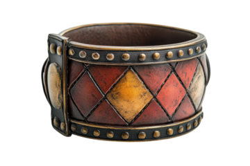 Artisan handcrafted wide leather cuff bracelet rustic gold red diamond on transparent background