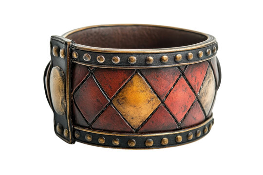 Artisan handcrafted wide leather cuff bracelet rustic gold red diamond on transparent background