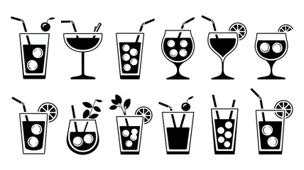 A comprehensive set of black and white silhouette icons illustrating various cocktails in different glasses