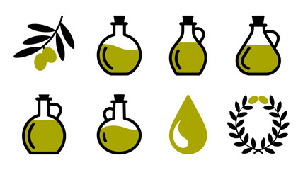 A collection of stylized olive oil icons representing bottles, a branch, and a decorative wreath