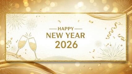 Minimalist happy new year 2026 banner with golden champagne glasses and elegant frame