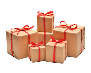 Obraz premium Christmas Gift boxes isolated. Gift boxes in decor paper isolated on the transparent background. Giftboxes with decorative ribbon bows. christmas presents. Isolated realistic present boxes mockups