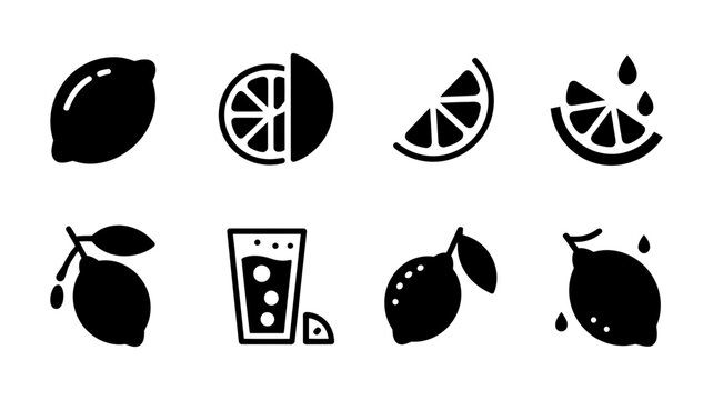 A collection of black silhouette icons representing lemons, slices, juice, and lemonade.