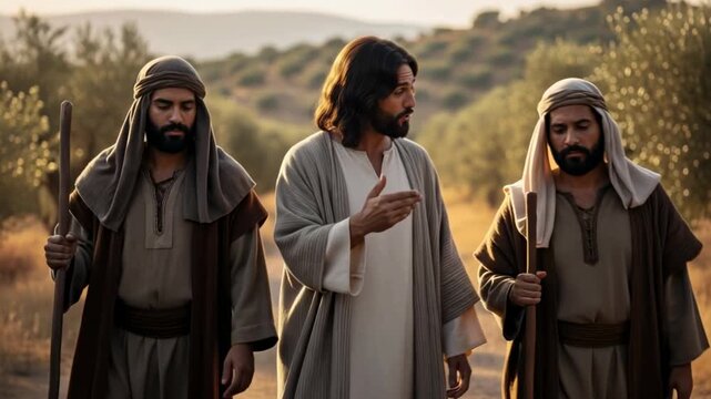 AI genereted video of Risen Jesus Christ walking with two disciples on the Road to Emmaus after His resurrection, depicting the biblical scene from Luke 24 where the Savior teaches his followers