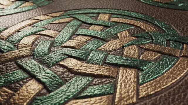 Closeup of a textured surface featuring an intricate interwoven knotwork pattern in metallic gold and deep green on a dark embossed background