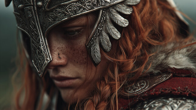 Valkyrie warrior preparing for battle with fierce determination under the vast northern skies